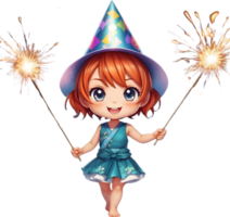 ai generato un' ragazza cartone animato strega Tenere un' sparkler ai generato png