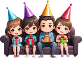 AI generated happy cartoon family sitting sofa with party hat ai generated png