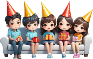 AI generated happy cartoon family sitting sofa with party hat ai generated png