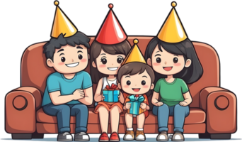 ai generado contento dibujos animados familia sentado sofá con fiesta sombrero ai generado png