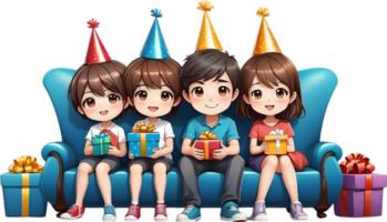 ai gerado feliz desenho animado família sentado sofá com festa chapéu ai gerado png