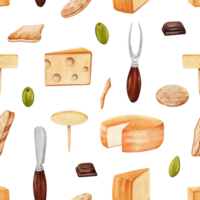 desatado padronizar com verde azeitonas, peças do queijo, chocolate, biscoitos, faca e garfo. mão desenhado aguarela ilustração isolado em transparente fundo. têxtil, tecido, imprimir, cartão Projeto. png