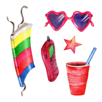 Magazine, pink mobile phone, red plastic cup with blue straw, heart shaped sunglasses and star set. Watercolor illustration isolated on transparent background. 80s 90s  funky retro design elements. png