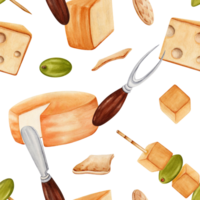 senza soluzione di continuità modello con verde olive, pezzi di formaggio su spiedini, cracker, coltello e forchetta. mano disegnato acquerello illustrazione isolato su trasparente sfondo. tessile, tessuto, Stampa, carta design. png