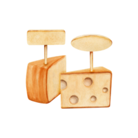 zwei Stücke von Käse mit leeren Name Stichworte. bereit zum Text. Hand gezeichnet Aquarell Illustration isoliert auf transparent Hintergrund. Markt Molkerei produzieren. Etikett, Logo, Karte Design Komposition. png