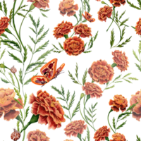 sömlös mönster med ringblomma blommor, grön löv och fjäril vattenfärg illustration. hand dragen design element isolerat på transparent bakgrund png