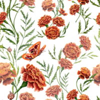 senza soluzione di continuità modello con calendula fiori, verde le foglie e farfalla acquerello illustrazione. mano disegnato design elemento isolato su trasparente sfondo png