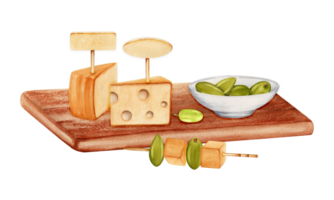 Composition with cheese, bowl of green olives on wooden board with food skewer. Hand drawn watercolor illustration isolated on transparent background. Picnic tasting spread. Empty mock up tag. png