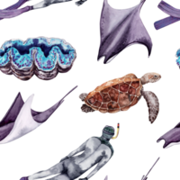 Tropical seamless pattern with manta ray, sea turtle, giant clam and diver. Hand drawn watercolor illustration isolated on transparent background. Design for printing, textile, fabric, wrapping paper. png