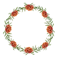 Wreath with marigold flowers with green leaves arrangement. Hand drawn watercolor illustration isolated on transparent background. Round frame for cards, invitations, logos, printing, decorations. png