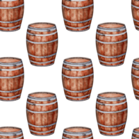 Seamless pattern with wooden wine or whiskey barrels. Wine cask design element. Hand drawn watercolor illustration isolated on transparent background. Card, printing, textile, fabric, wrapping paper. png