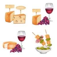 Cheese, bowl of green olives, food skewers, red wine and grapes compositions. Hand drawn watercolor illustration isolated on transparent background. Empty name tags. Cheese tasting design elements. png