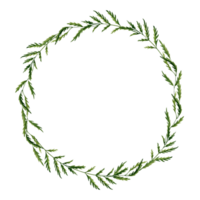 Wreath with green leaves and branches arrangement. Hand drawn watercolor illustration isolated on transparent background. Round frame for cards, invitations, logos, printing materials, decorations. png