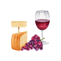 Komposition mit ein Stück von Käse, Wein Glas, rot Trauben. Hand gezeichnet Aquarell Illustration isoliert auf transparent Hintergrund. rustikal schick Stil Picknick Verkostung Teller. leeren spotten oben Name Schild. png