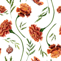 Seamless Pattern with Marigold Flowers, Green Leaves and Butterfly Watercolor Illustration. Hand drawn design element isolated on transparent background png