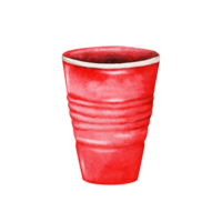 Red plastic disposable cup. Hand drawn watercolor illustration isolated on transparent background. For cocktails, water, soft drinks and cold beverages. png