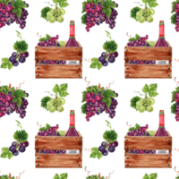 Wine making and grape harvest seamless pattern. Bottle of red wine in a wooden crate. Hand drawn watercolor illustration isolated on transparent background. Card, textile, fabric, wrapping paper. png