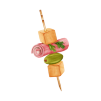 Finger food on a toothpick. Canape with cheese cubes, green olive and ham. Hand drawn watercolor illustration isolated on transparent background. Catering food design elements for logo, card. png