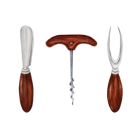 Metal knife, fork and corkscrew with wooden handles. Hand drawn watercolor illustration isolated on transparent background. Collection of cheese and wine serving tools. Cutlery design elements. png