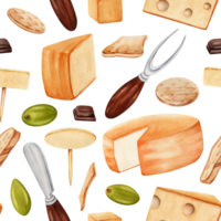 Seamless pattern with green olives, pieces of cheese, chocolate, crackers, knife and fork. Hand drawn watercolor illustration isolated on transparent background. Textile, fabric, print, card design. png