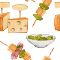 senza soluzione di continuità modello con piatto di verde olive, pezzi di formaggio, prosciutto e prezzemolo su spiedini. mano disegnato acquerello illustrazione isolato su trasparente sfondo. tessile, tessuto, Stampa, carta design. png