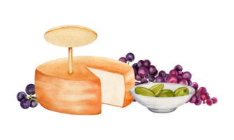 Composition with cheese, bowl of green olives and bunches of red grapes. Hand drawn watercolor illustration isolated on transparent background. Rustic chic style picnic tasting platter. Mock up tag. png