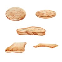 A mini set of bread products. Sliced baguette, round and square crackers. Hand drawn watercolor illustration isolated on transparent background. For menus, cafe, restaurant, food and drink designs. png