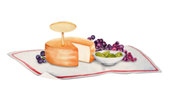 Composition with cheese, bowl of green olives and bunches of red grapes on white tablecloth. Hand drawn watercolor illustration isolated on transparent background. Picnic tasting. Empty mock up tag. png