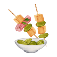 senza soluzione di continuità modello con piatto di verde olive, pezzi di formaggio, prosciutto e prezzemolo su spiedini. mano disegnato acquerello illustrazione isolato su trasparente sfondo. tessile, tessuto, Stampa, carta design. png