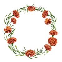 Wreath with marigold flowers with green leaves arrangement. Hand drawn watercolor illustration isolated on transparent background. Round frame for cards, invitations, logos, printing, decorations. png