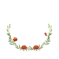 Wreath with Marigold Flowers and Green Leaves. Watercolor Illustration Isolated on transparent background. Floral frame for cards and invitations. png