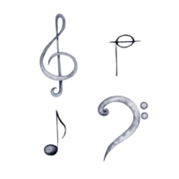 Treble and Bass Clef with Notes watercolor illustration. Classical Music hand painted isolated elements on transparent background. Clip art for cards, graduation certificates, gifts for musicians png