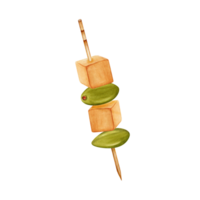 Finger food on a toothstick. Canape with cheese cubes and green olives. Hand drawn watercolor illustration isolated on transparent background. Catering food design elements for logo, card, invitation. png