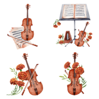 Violin, string instrument, metronome, music stand, sheet music, marigold flowers. Collection of classical music design compositions. Watercolor illustration isolated on transparent background. png
