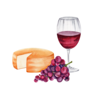 Composition with cheese, a glass with red wine and a bunch of grapes. Hand drawn watercolor illustration isolated on transparent background. Rustic chic style picnic tasting platter. Restaurant menu png