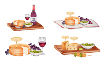 Cheese, bowl of green olives, food skewers, red wine and grapes on wooden board. Watercolor illustration isolated on transparent background. Empty name tags. Cheese tasting design elements. png