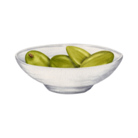 A small porcelain plate with green olives. Appretizer serving bowl. Hand drawn watercolor illustration isolated on transparent background. Catering food design elements for logo, card, invitation. png