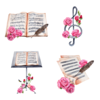 fiol, sträng instrument, diskant klav, musik stå, ark musik, reste sig blommor. samling av klassisk musik hand dragen mönster. vattenfärg illustration isolerat på transparent bakgrund. png