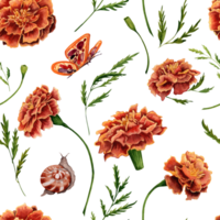 Seamless Pattern with Marigold Flowers, Green Leaves and Butterfly Watercolor Illustration. Hand drawn design element isolated on transparent background png