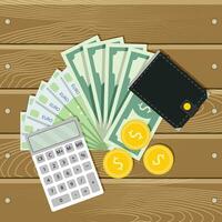 Finance money, banknote and coin. Wallet and calculator. Vector cash income, accounting budget, financial balance illustration