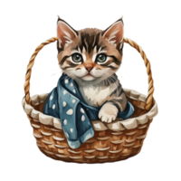 ai generado gato vistiendo un cobija sentado en un cesta png