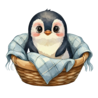 ai generiert Pinguin tragen ein Decke Sitzung im ein Korb png