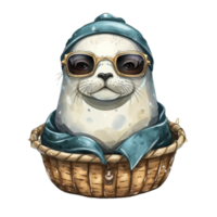 AI generated Seal  wearing a blanket  in a basket png