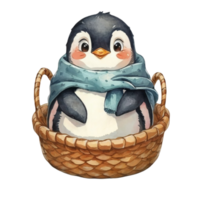 ai generiert Pinguin tragen ein Decke Sitzung im ein Korb png