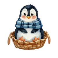 ai gerado pinguim vestindo uma cobertor sentado dentro uma cesta png