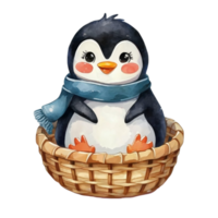 ai generiert Pinguin tragen ein Decke Sitzung im ein Korb png