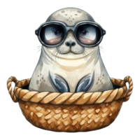 AI generated Seal  wearing a blanket  in a basket png