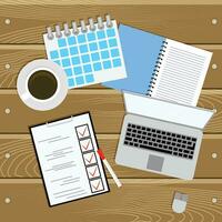 Work place, planning and organization, work table. Organization and development, workspace management. Vector illustration