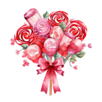 AI generated Watercolor Valentines flower bouquet decorated with bows in pink and red ,ai generative png