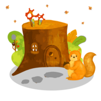 Baum Haus Eichhörnchen Herbst Roman zeichnen Farbe süß glücklich Farbe Design png